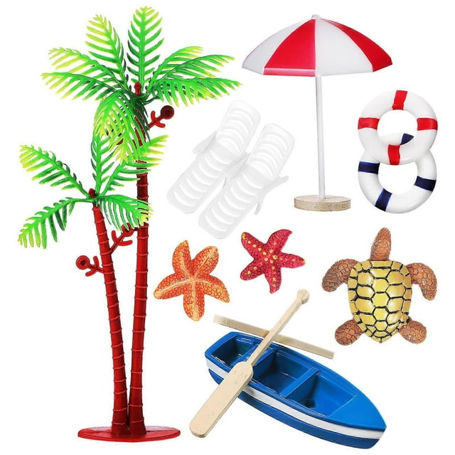 10PCS Beach Themed Cake Decorations Palm Tree, Boat, Parasol & Chair Ornaments for Summer Parties, Birthdays and Celebrations