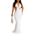 thumbnail image 2 of Vestido largo maxi sexy blanco para mujer, con aberturas, cuello halter, sin mangas, espalda descubierta, ajustado, de punto de crochet, 2 of 4