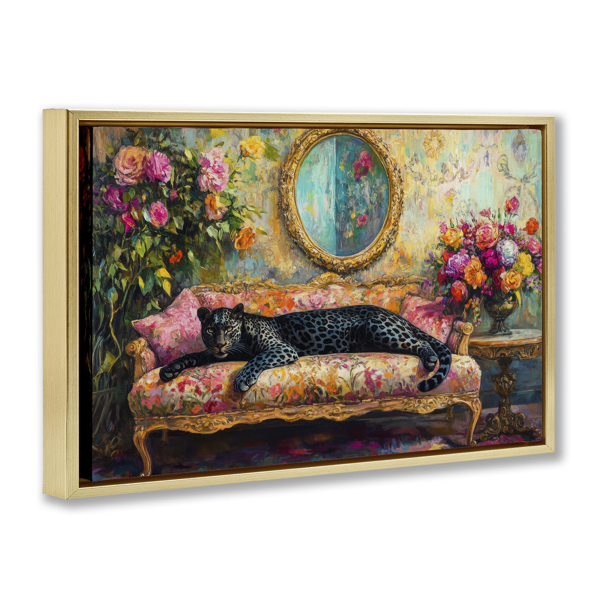 Stupell Industries Lounging Leopard on Floral Sofa Gold Framed Floater Canvas Wall Art, design by Petal Prints Design
