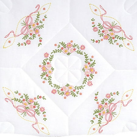 Jack Dempsey Interlocking Floral And Ribbons Stamped White Quilt Blocks, 18" x 18"