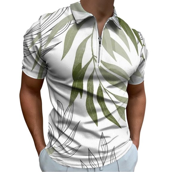 Sage Green Botanical Men Zipper T-shirt Summer Casual Short Sleeve T-shirt Top