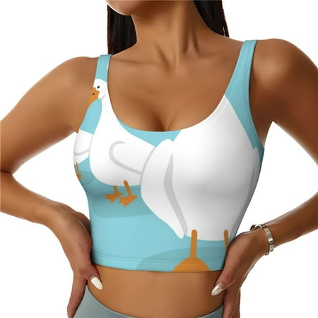 Qokaie Three White Geese Pattern Womens Scoop Neck Sports Bra Breathable Workout Vest Padded U Back Medium Impact Fitness Gym Yoga Bra Workout Crop Top-Large