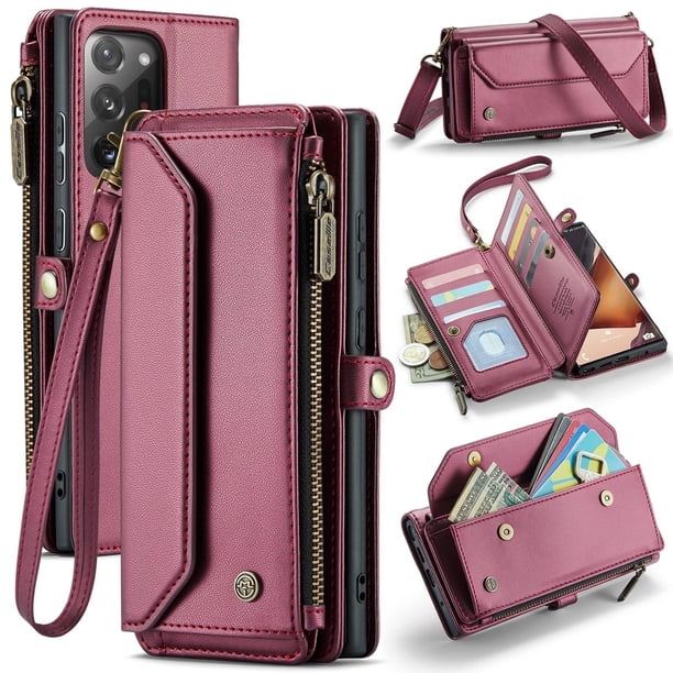 Funda tipo cartera para Samsung Galaxy Note 20 Ultra con bloqueo RFID, tarjetero, cremallera y ranura para billetes, correa de hombro magnética de piel sintética suave para Galaxy Note 20 Ultra