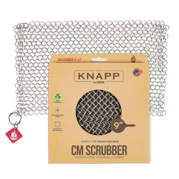 Knapp Made CM Scrubber 9"x6" Small Ring Cast Iron Scrubber - Cast Iron Cleaner for Hard Anodized Cookware, Pre-Seasoned Pans, Dutch Ovens, Iron Pans, Grills and Skillet. Chain Mail Scrubber Cast Iron