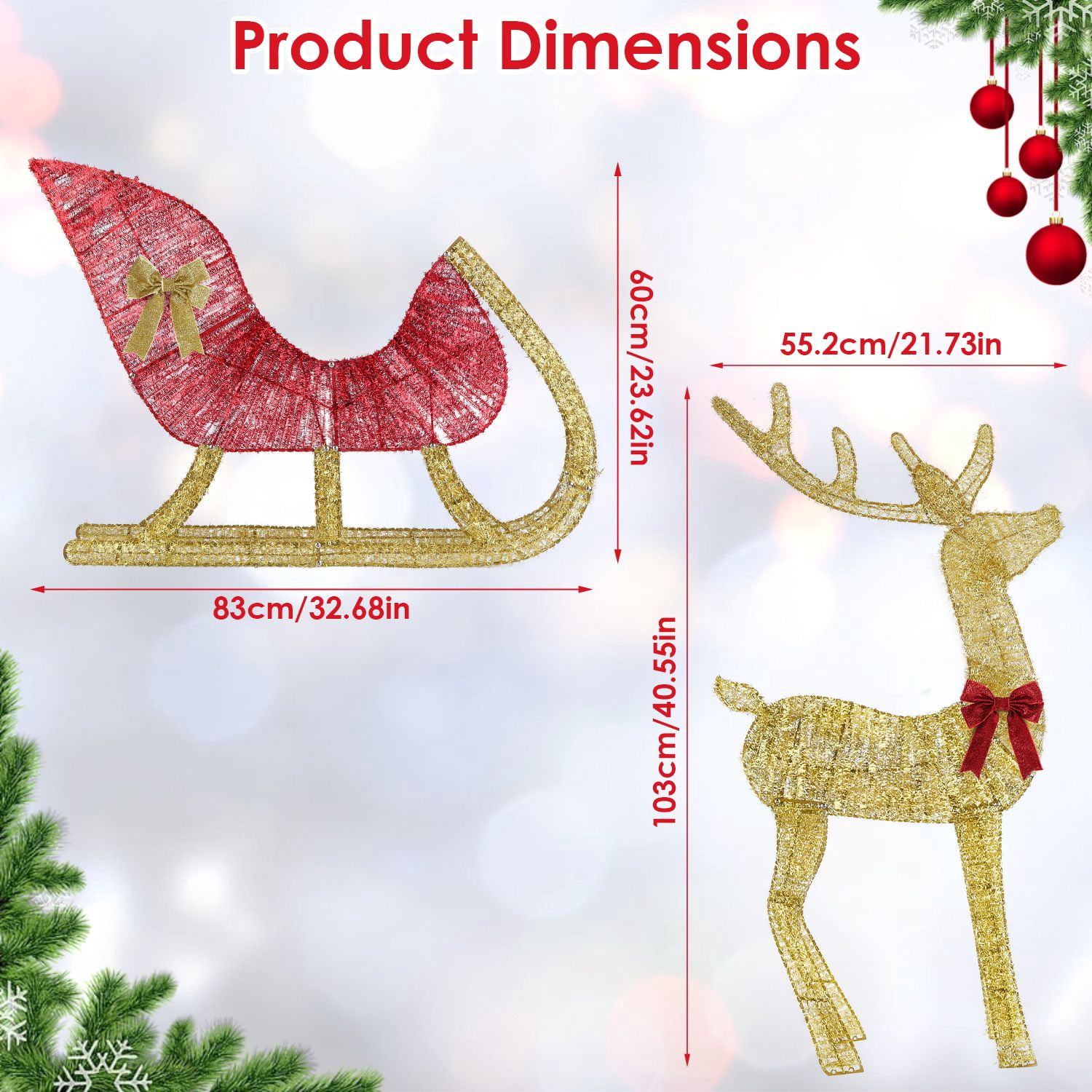 Christmas Reindeer & Sleigh Outdoor Decoration with Lights, 16.97ft LED String (Warm Yellow) 8 Modes, Sturdy Rustproof Iron Frame, Reusable Indoor Outdoor Decor for Yard Patio Party Office