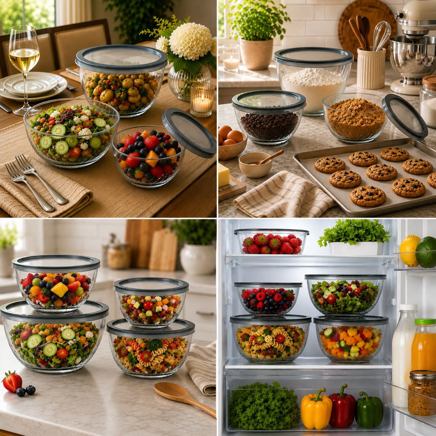 Sorbus 4-Piece Glass Mixing Bowl Set with Lids, Assorted Sizes, Nesting, BPA-Free, Microwave Safe