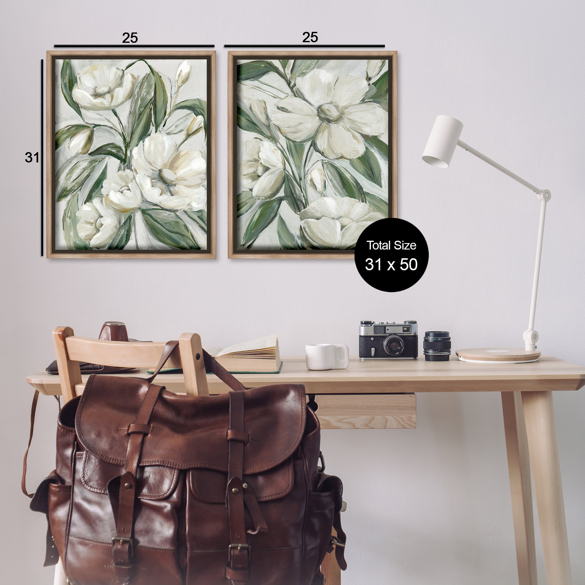 Stupell Industries White Blossoms & Leaves Plants & Flowers Painting Brown Floater Framed Canvas Art Print Wall Art, 31 x 25, Set of 2