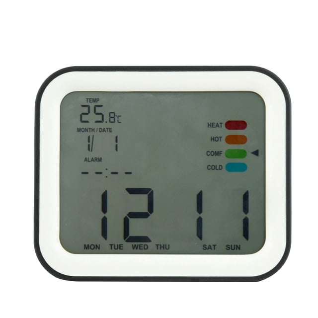 Reloj de escritorio negro con función de temperatura, fecha y calendario, despertador digital LCD