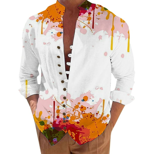 Camisas De Vestir Para Hombre Azul Camisa de manga larga con estampado digital 3D y soporte con botones sueltos para hombre, vacaciones, playa, ocio (Orange, XL)