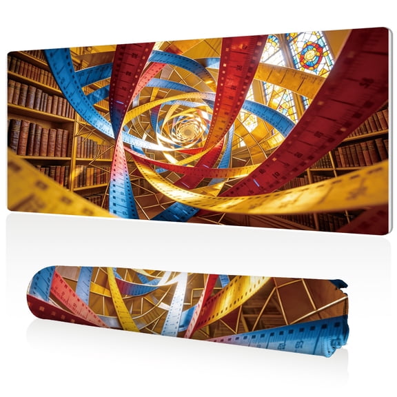LIVEKEY Extra Large Mouse Pad 80x40x0.3cm Spiral Colorful Tape Measure in Library Design Full Desk Coverage Non Slip Durable Easy Clean Stitched Edges for Gaming and Office