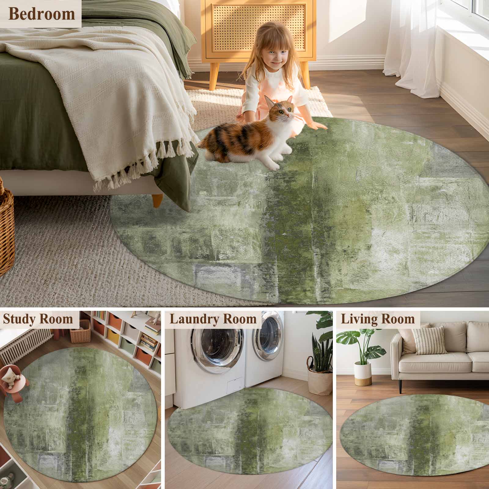 Sage Green Round Area Rug 5 FT, Non Slip Bedroom Area Rug, Retro Oil Painting Modern Abstract Art Aesthetics Washable Soft Circular Carpet Floor Mat for Kitchen Dining Room Foyer Balcony Dorm