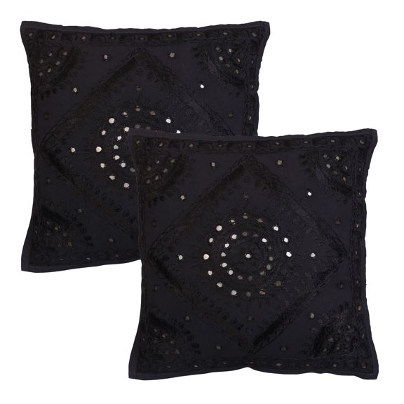 Stylo Culture Indian Decorative Throw Pillow Covers 16 x 16 Hand Embroidered Black Bohemian 40 x 40 cm Home Decor Cotton Mirrored Square Cushion Covers | Set Of 2