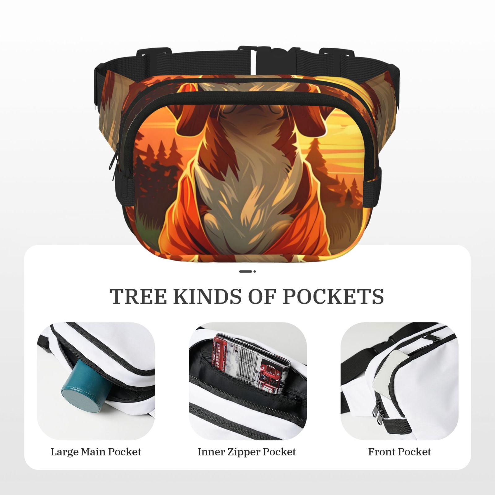 Picia Sunset Meditating Dog Print Square Double-Layer Waist Bag Mini Adjustable Waist Belt Bag Exercise Running Travel Hiking