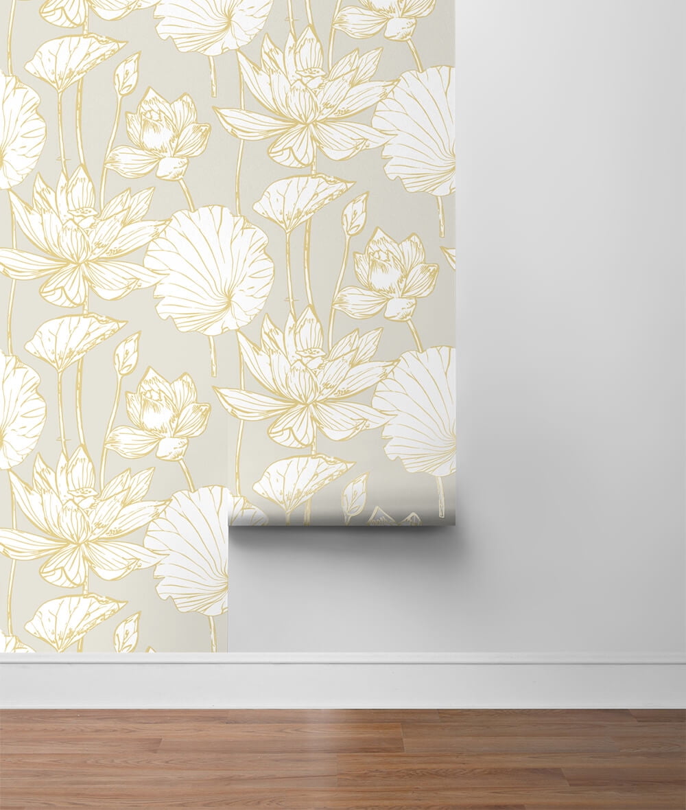 NextWall Metallic Gold & Grey Lotus Floral Peel and Stick Wallpaper - 20.5 in. W x 18 ft. L Roll