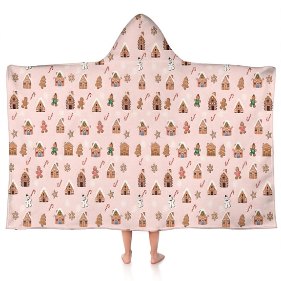 Pink Christmas Gingerbread House Pattern Hooded Bath Towel,50"x30" for Ages 3 To 12 Kids, Quick Dry Lightweight Soft Microfiber Hood Beach Towel Cover Up for Kids