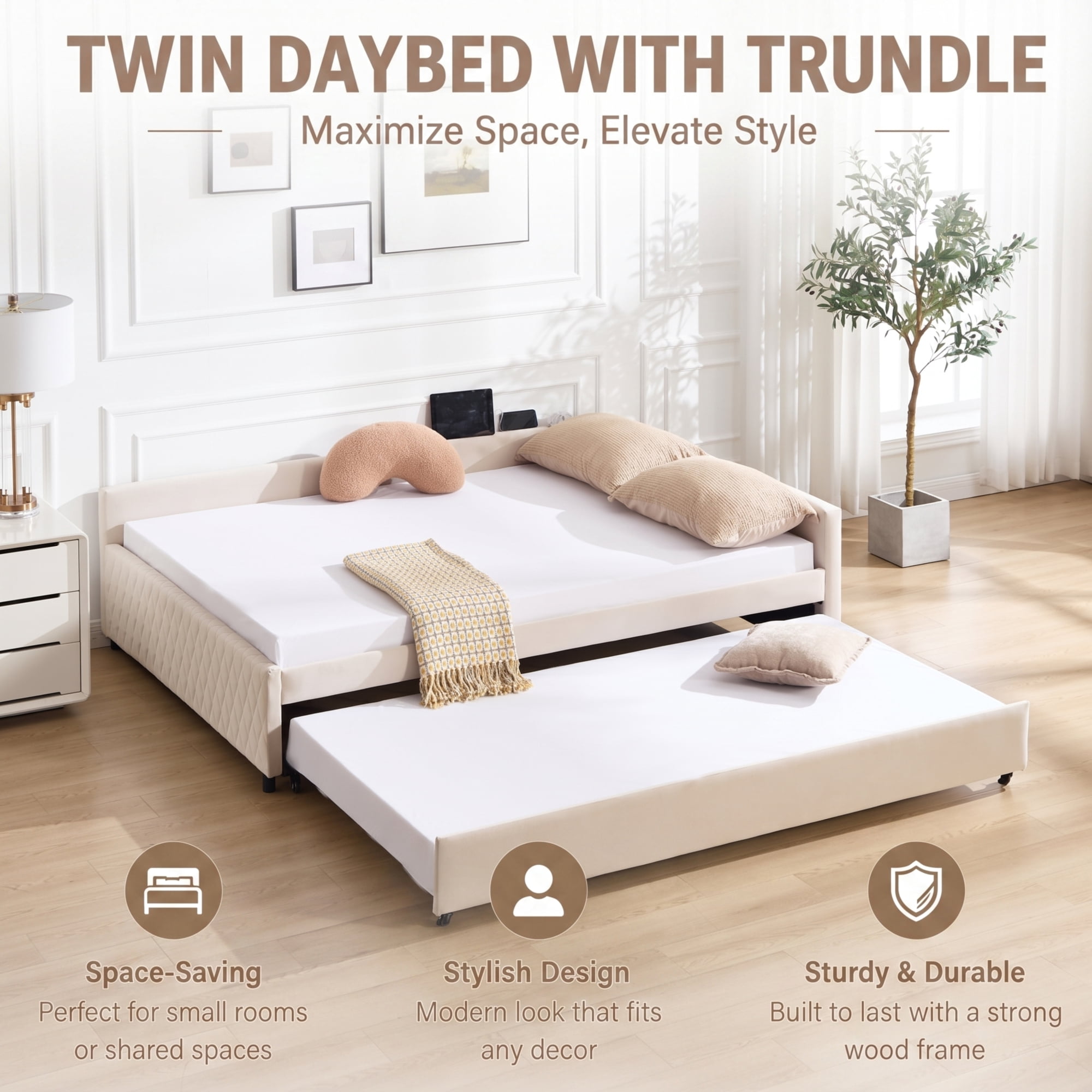 Leumius Upholstered Daybed with Trundle,Sturdy Wooden Bed Frame, Modern Diamond Grid Design for Bedroom Guest Room (Beige)