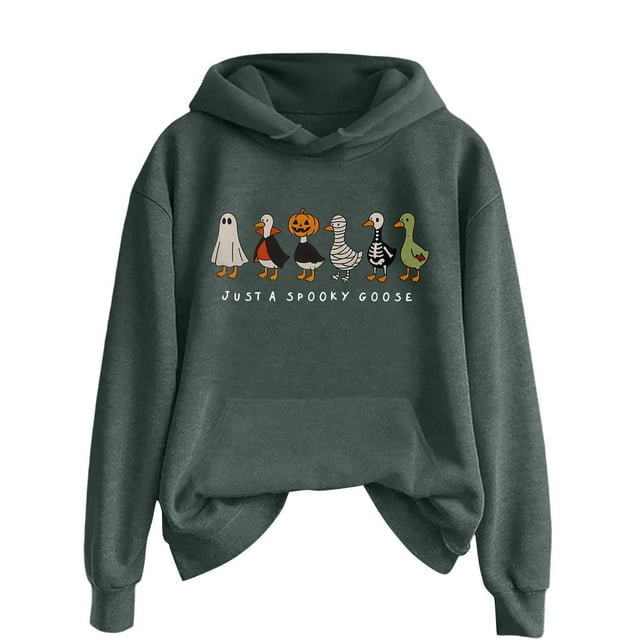 Just A Goose Sweat à Capuche Imprimé Graphique Halloween Couleur Unie Automne Hiver pour Femmes avec Poche