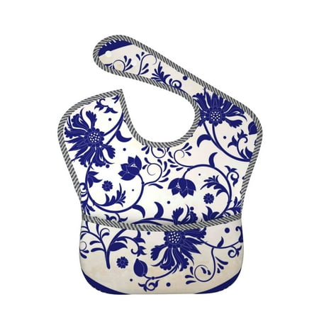 Bingfone Mess-Proof Baby Bib - Waterproof Bib For Baby Boy Or Girl With Food Catcher Pocket, Unisex-Blue And White Porcelain Pattern