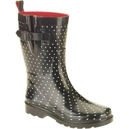 Women's Diamond Dot Printed Mid-Calf Rubber Rain (Best Rain Boots For Narrow Calves)