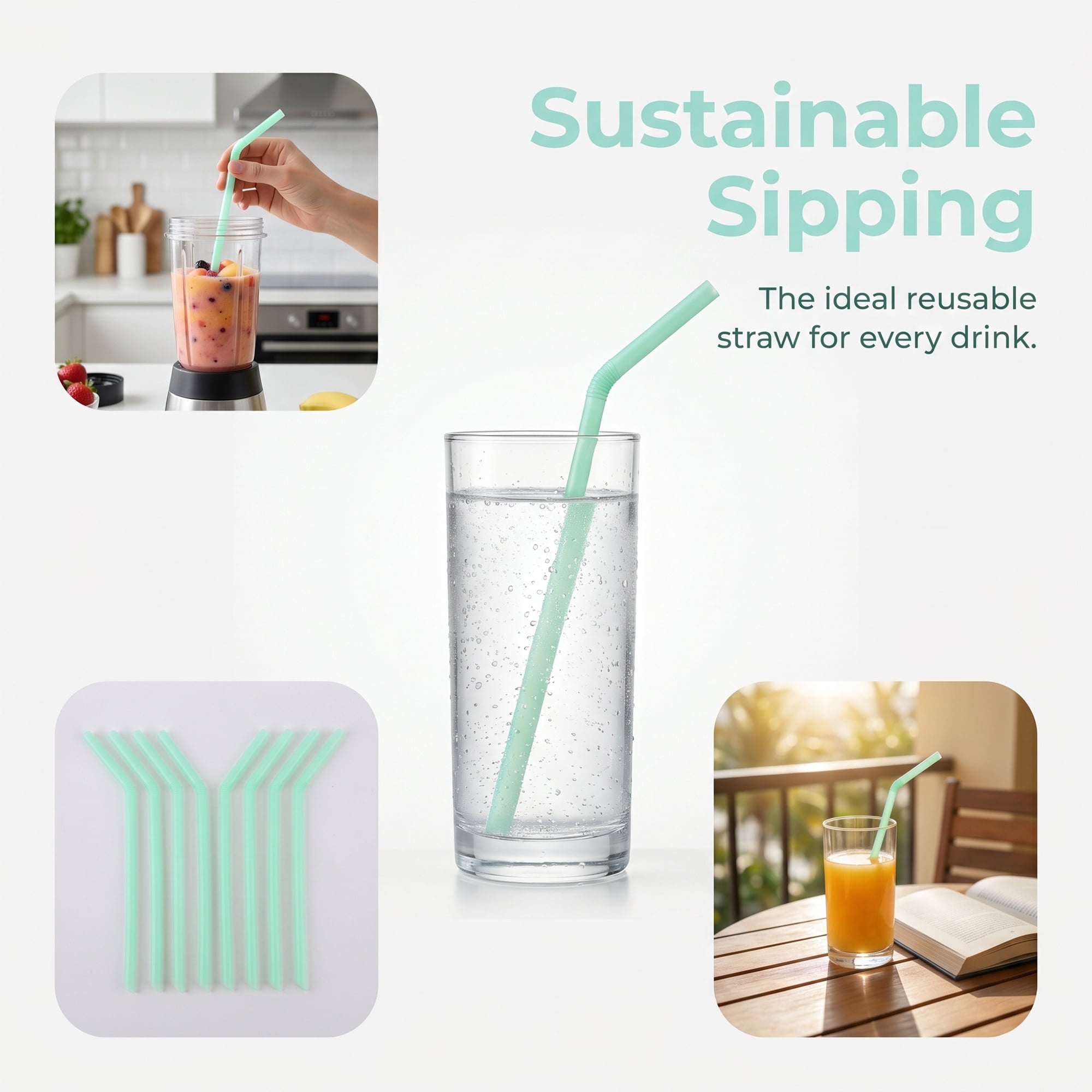 Unique Bargains 8Pcs Reusable Silicone Dishwasher Safe Long Drinking Straws Green B