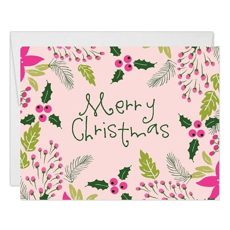 Christmas Stationery And Envelopes Pink Merry Christmas Cards & Envelopes ( Set of 25 ) Modern Holly Berry Foliage Folded Happy Holiday Greeting Seasonal Notecards Stationery Box Pack Blank Inside Excellent Value by Digibuddha VH0009B ()