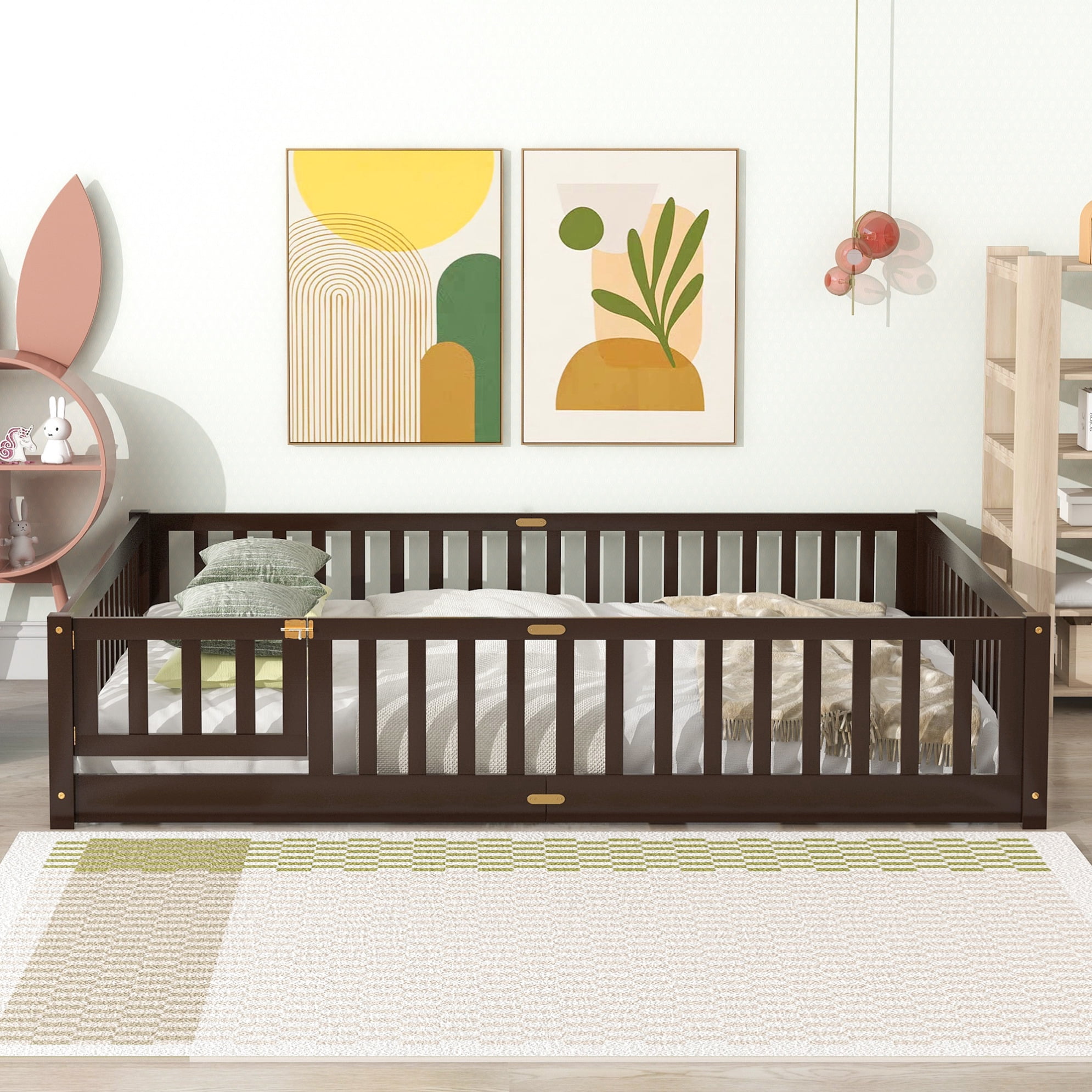 Queen Size Floor Bed with Fence for Kids, Wood Montessori Toddler Bed Frame with Door and Slats Support, Queen Size Platform for Girls and Boys, Espresso