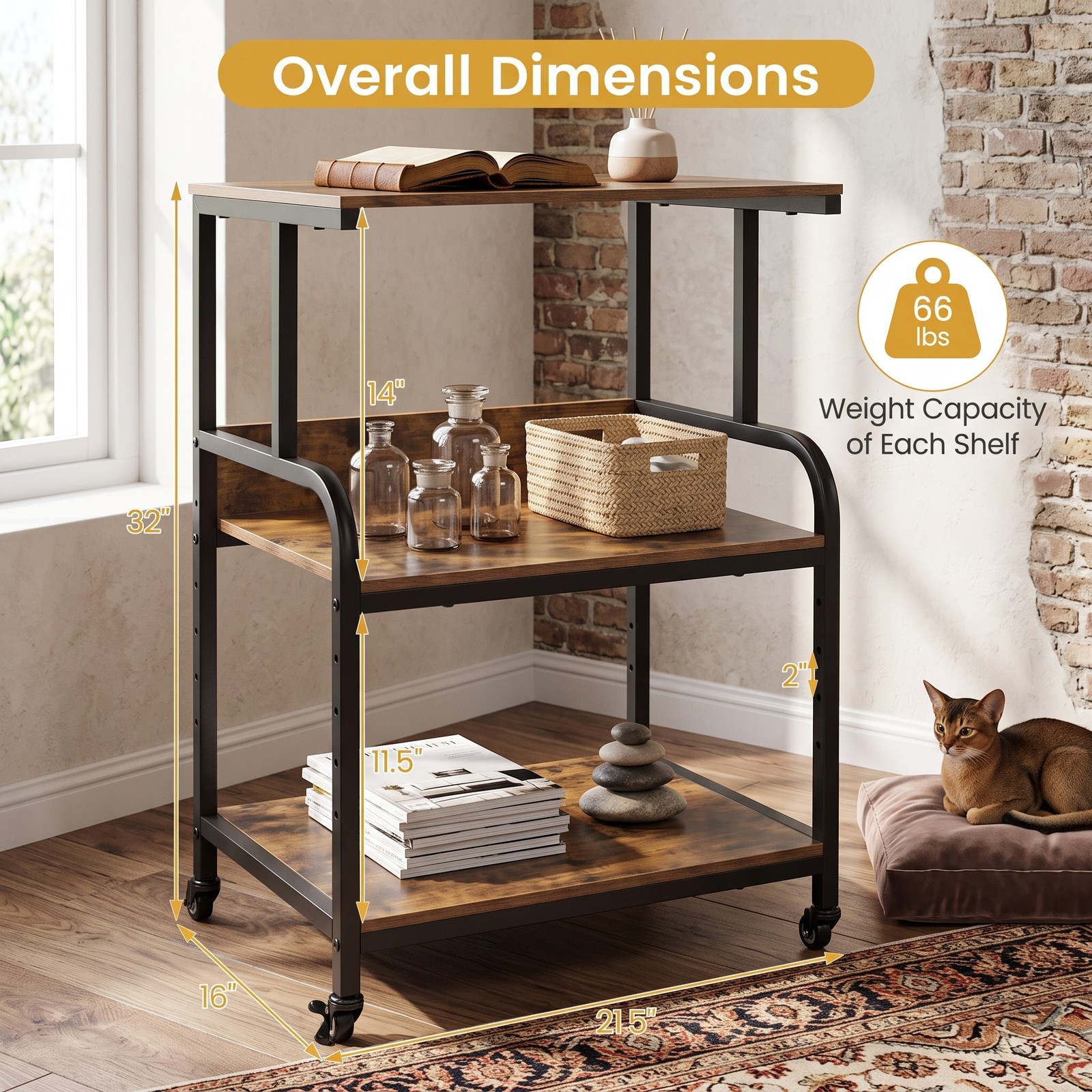 Furnibear 3-Tier Rolling Printer Stand, Mobile Printer Cart with 5-Level Adjustable Shelf and Lockable Wheels, Metal Frame Office Machine Cart for Home, Rustic Brown