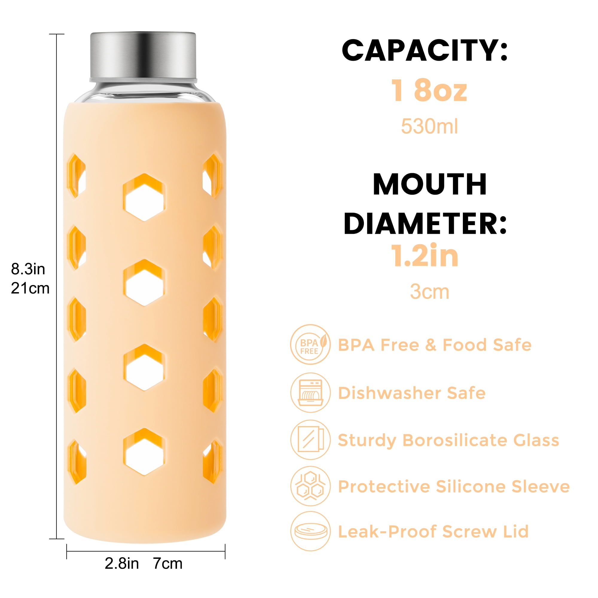 Glass Juice Bottles with Lids and Silicone Sleeves 18 oz, 4-Pack Reusable Clear Glass Water Bottles with Stainless Steel Airtight Cap for Juicing, Refrigerator, BPA Free Leak-Proof Drinking Jar