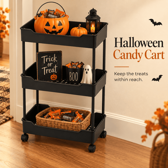3-Tier/4-Tier Rolling Utility Cart with Wheels, Slim Mobile Storage Organizer with Ventilated Baskets for Kitchen, Bathroom, Laundry Room, Bedroom & Office, Black/Cream White