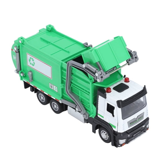 Yajisi 1:32 Scale Garbage Truck Toy with Dumpster, 4 Trash Bins, Friction Powered Waste Material Vehicle Model with Lights and Sounds, 8.7 inches / 22.1 cm