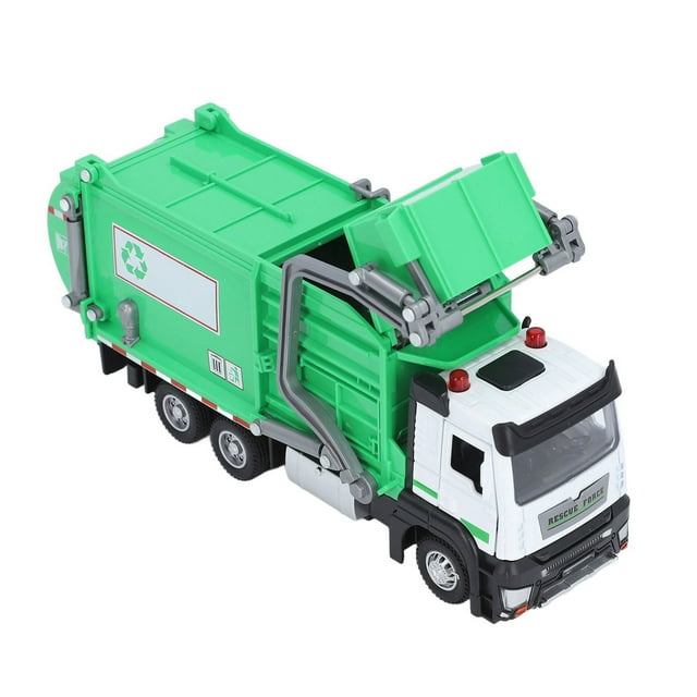 Garbage Truck Model, 1:32 Opening Rear Door Waste Material Vehicle Model Alloy with Dumpster Trash Cards for Kids