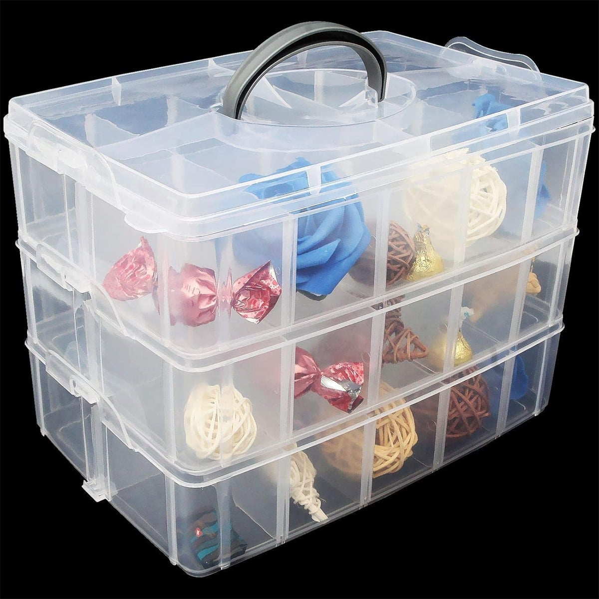 3 Tier Craft Storage Box 30 Adjustable Compartments Clear Plastic Stackable Organizer Container For Beads Jewelry (blue )