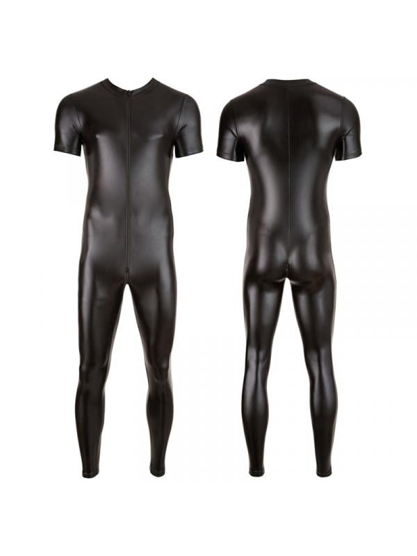 Mens Latex Rubber Bodysuit Leather Catsuit Zipper Lycra Underwear Costume