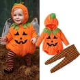thumbnail image 2 of Aocisk Halloween Outfit for Todller Girls and Boys Halloween Clothes Sets Long Sleeve Zipper Hooded Romper Tops Striped Pants Footed Leggings Toddler Outfit Orange 0-6 Months, 2 of 9