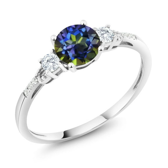 Gem Stone King 10K White Gold Blue Mystic Topaz White Created Sapphire and White Diamond Accent 3-Stone Engagement Ring for Women (1.15 Cttw, Round 6MM, Gemstone November Birthstone, Size 6)
