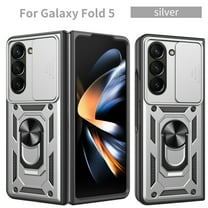 Dteck for Samsung Galaxy Z Fold 5 Case, Shockproof Heavy Duty Kickstand Rotate Ring Stand Magnetic with Car Mount Holder Slide Lens Protective Case for Galaxy Z Fold 5 5G 2023, Silver