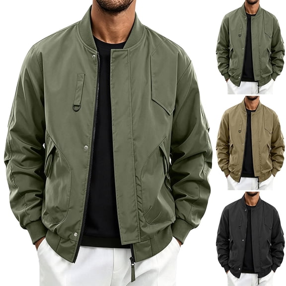 IhhxPro Men's Bomber Jacket with Pockets Loose Fit Zip-Up Coat Casual Streetwear Cotton Lightweight Spring Fall Outerwear Solid Color Everyday Fashion M-4XL