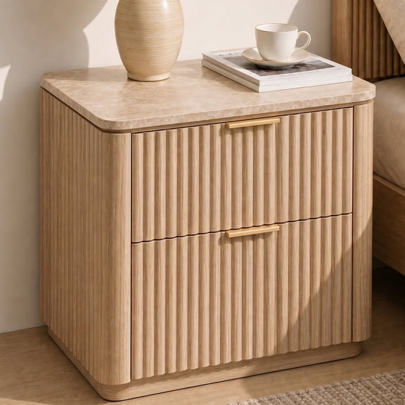 Hvoonc 2 Drawer Nightstand, 24" Tall Fluted Bedroom Bedside Table with Storage, Faux Marble Top, 2" Thick Side Panels, Natural Oak