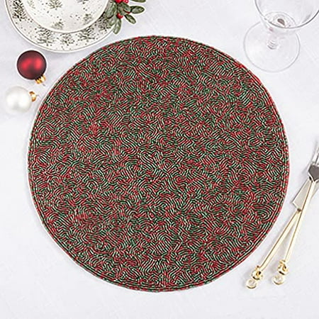 

Fennco Styles Hand Beaded Sparkly Placemat 15 Round 1- Piece - Red & Green Holiday Table Mat for Home Décor Family Gathering Banquets Christmas and Special Occasion