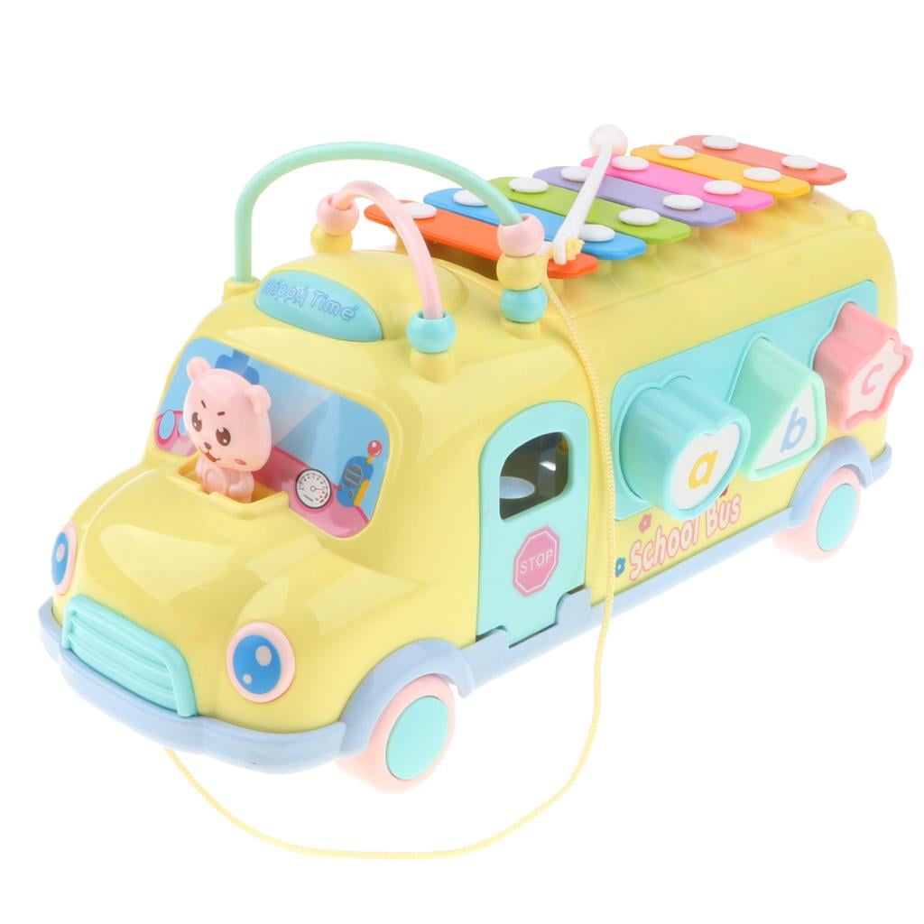MultiFunctional School Bus Push and Pull Along Toy, Hand Knock Piano