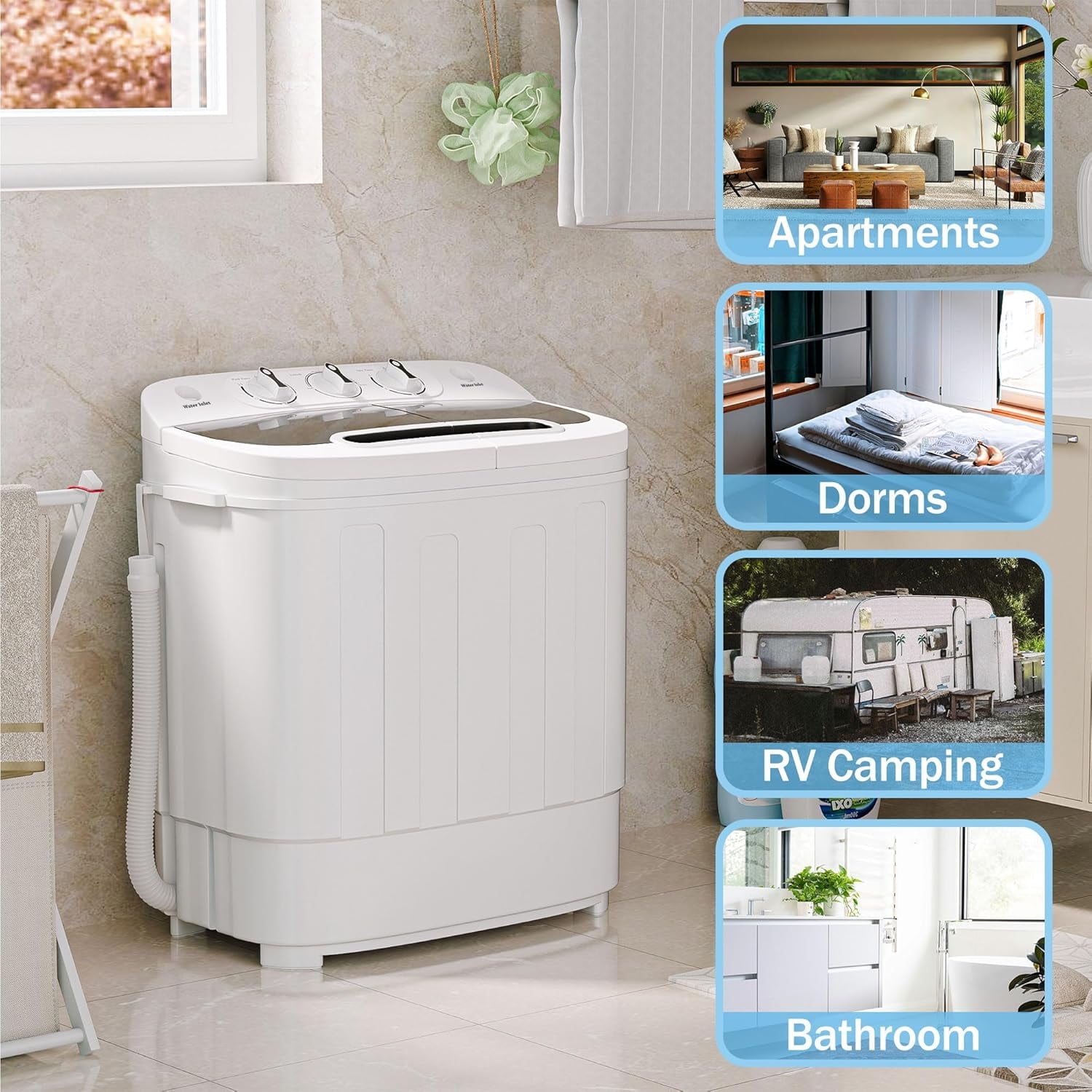 HOMAKE-PRO Compact Mini Twin Tub Washing Machine 13lbs Capacity Portable Washer Wash and Spin Cycle Combo, Built-in Gravity Drain for Camping, Apartments, Dorms, College, RV’s and Small Spaces
