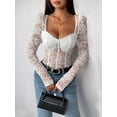 thumbnail image 2 of Women'S Sheer Floral Lace Long Sleeve Bodysuit Top Sweetheart Neck Bodysuit White S, 2 of 8