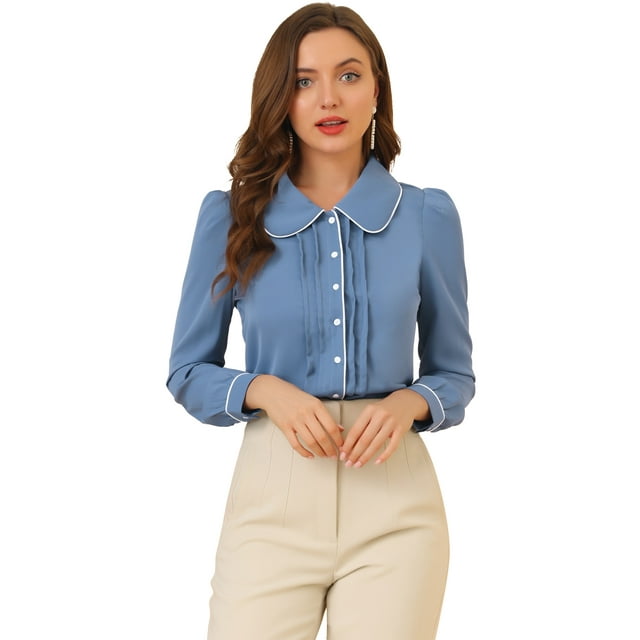 Camisa casual de contraste con cuello Peter Pan para mujer, blusa de trabajo con mangas abullonadas Gris azul M