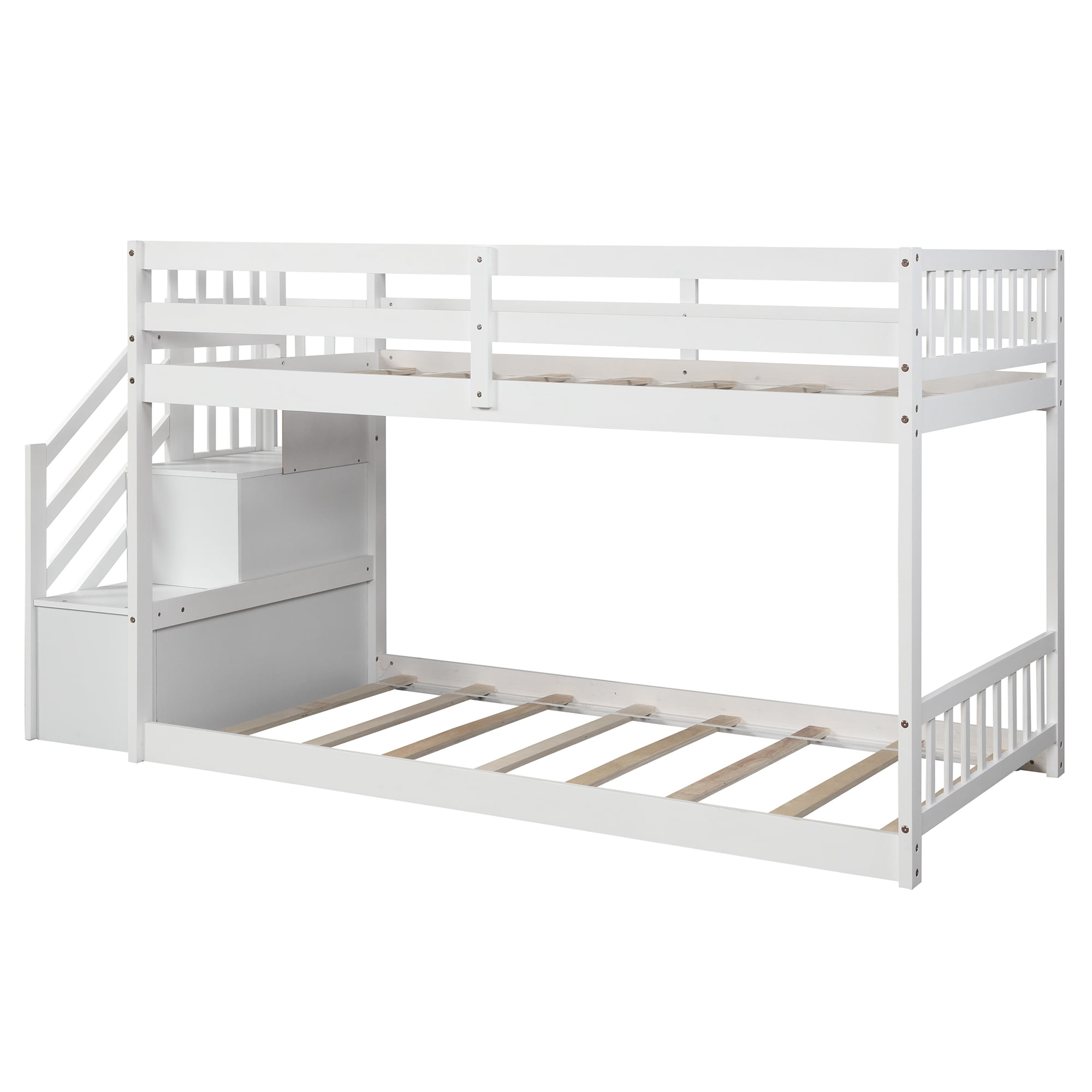 EUROCO Wood Twin Over Twin Floor Bunk Bed with Stairs for Kids, White