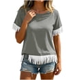 thumbnail image 4 of Women's Vintage Fringed Patchwork Round-Neck Short-Sleeve Blouse for Spring Summer, 4 of 8