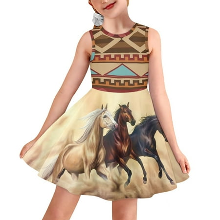 

Pzuqiu-Western Horse Dress for Girls Knee Length Sleeveless A-Line Skater Dresses Tribal Aztec Print Summer Vacation Tank Sundress