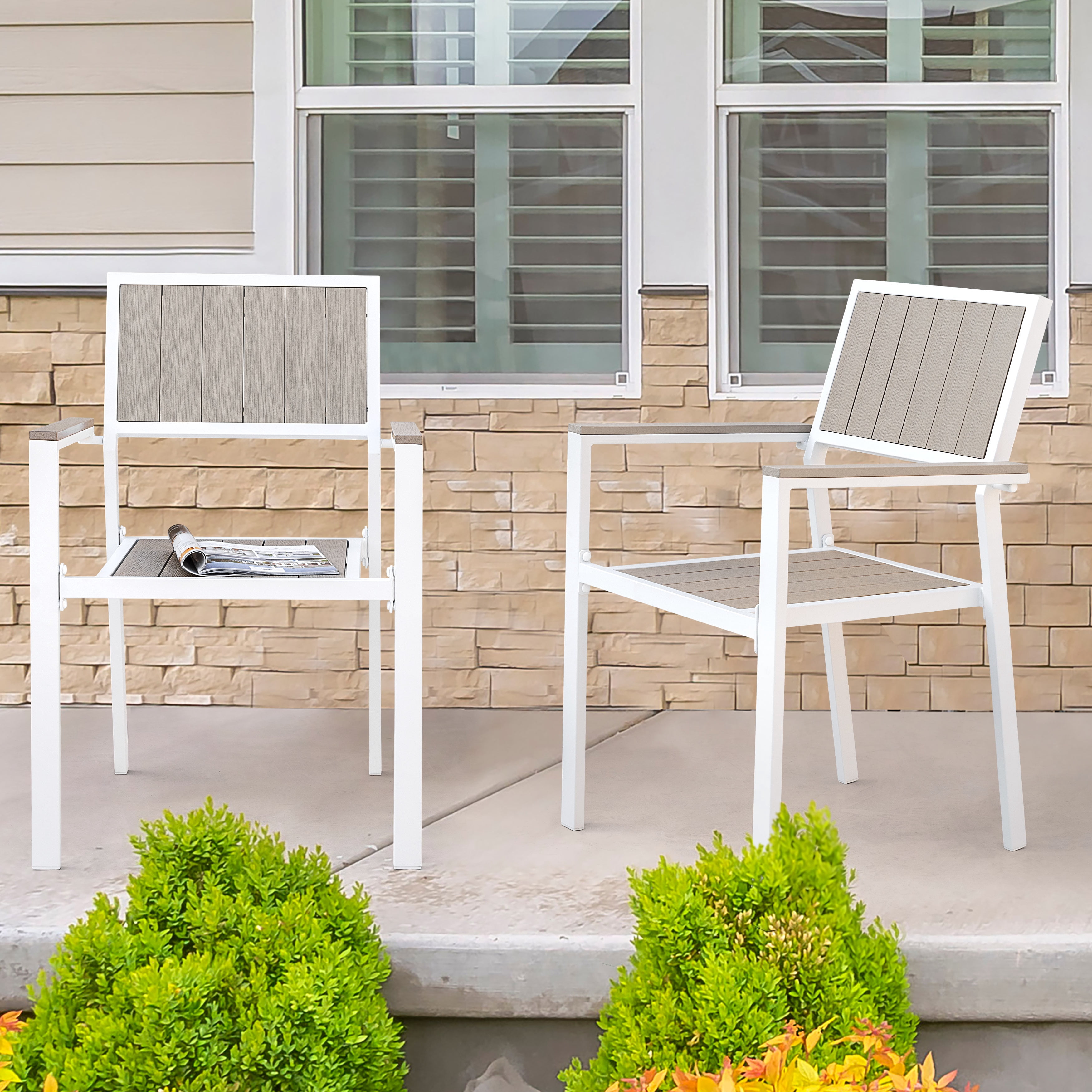 Nuu Garden Outdoor Stackable Chairs Lawn Chairs Set of 2 Faux Wood Patio Chairs Weather-Resistant Outdoor Dining Chairs for Outside Porch Backyard Deck Balcony, Light Brown