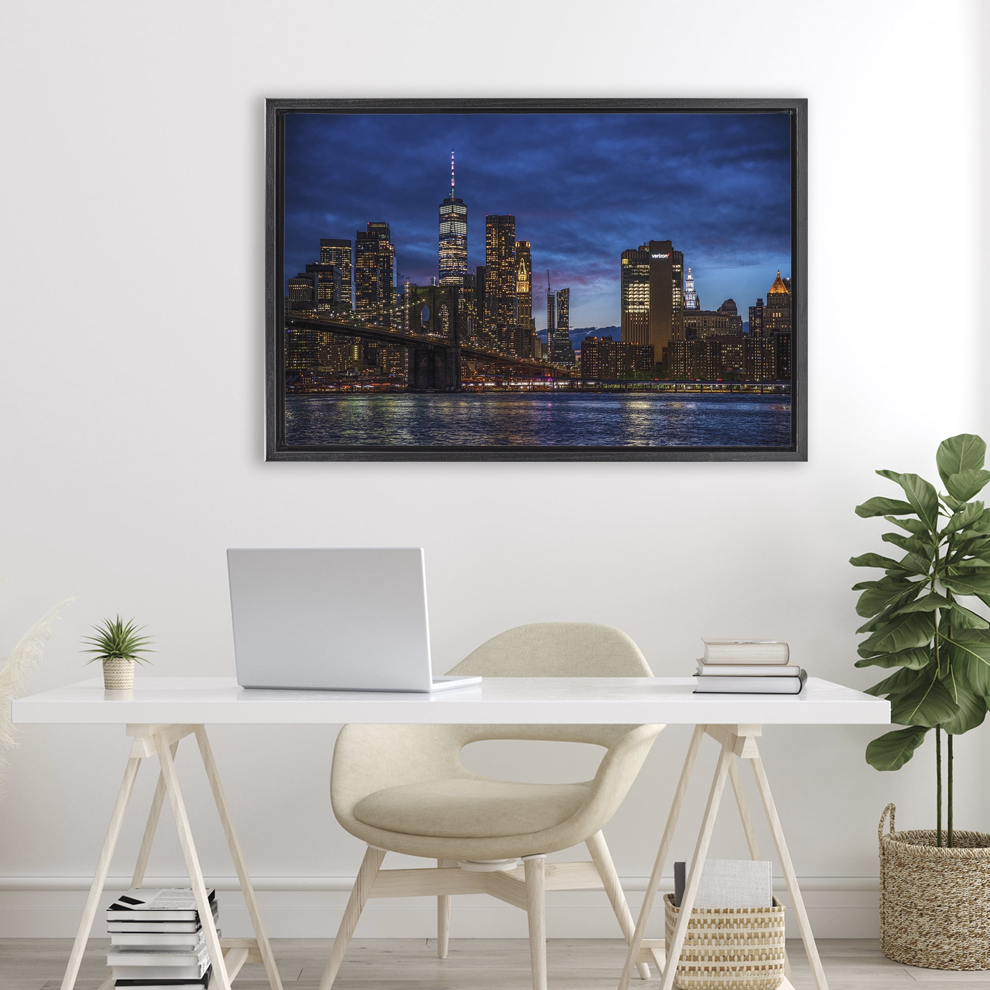 Stupell Industries Brooklyn Bridge at Night Black Framed Floater Canvas Wall Art, design by Tim West