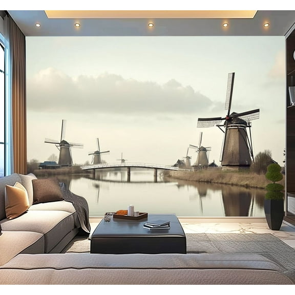 Peel and Stick Wallpaper Traditional Vintage Holland Landscape Windmills Kinderdijk Traditional Modern Art Wall Mural Decor Self Adhesive and Removable 100in x 144in