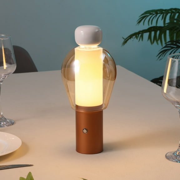 JONATHAN Y Evonne 10.75" Modern Glam Candle-Style Rechargeable/Cordless Dimmable Integrated LED Table Lamp with Touch Sensor, White/Cooper/Amber, JYL7161A